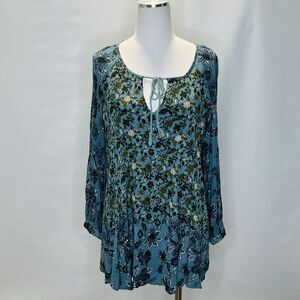 Free People Dress Womens Medium Lucky Loosey Mini Tunic Blue Paisley Floral Boho